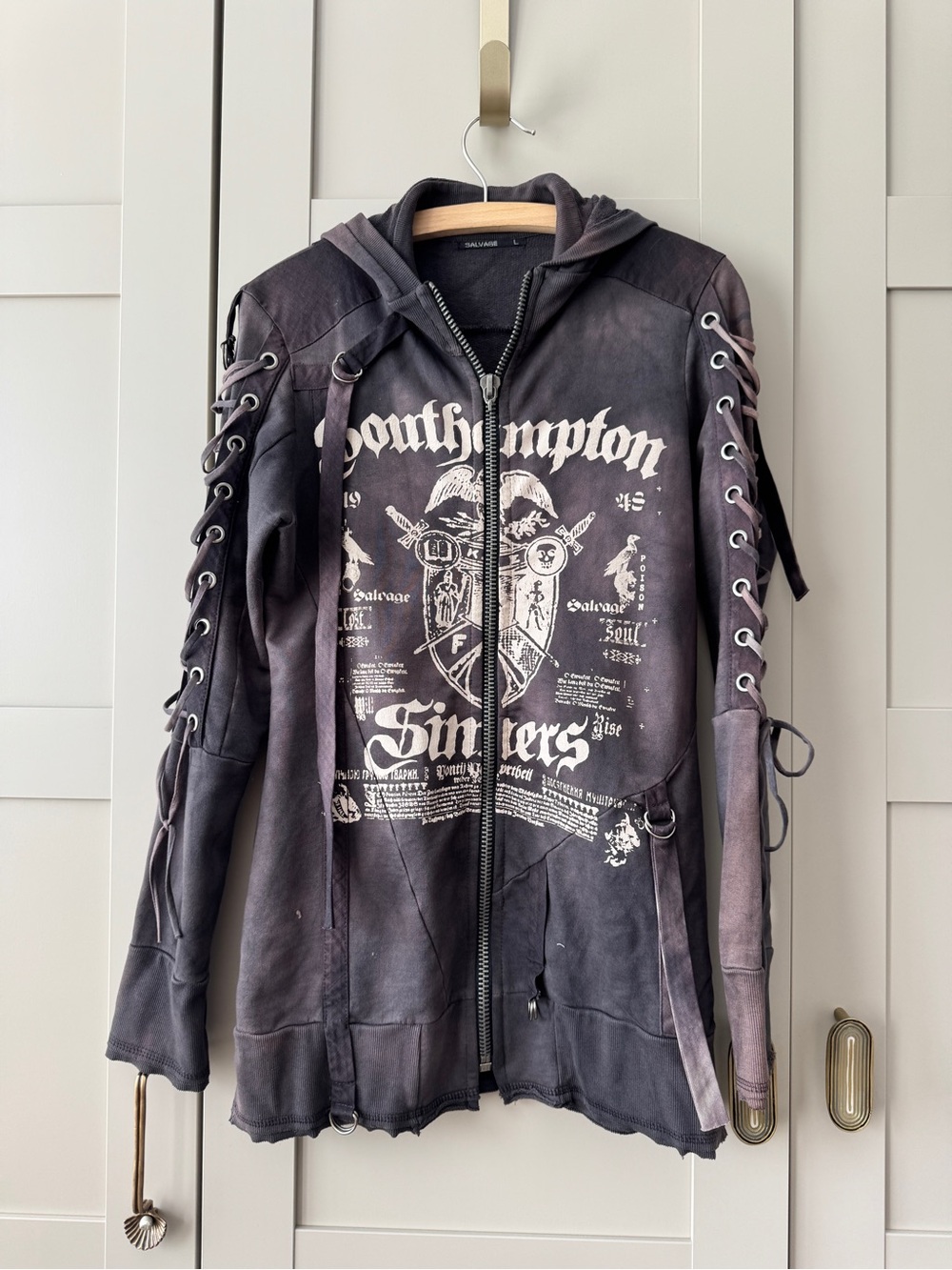 Dark Grey Distressed Salvage zip-up hoodie Lace Sleeves Southampton Sinners (L)